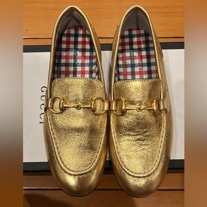 Gucci Gold Loafers with Checkered Insole